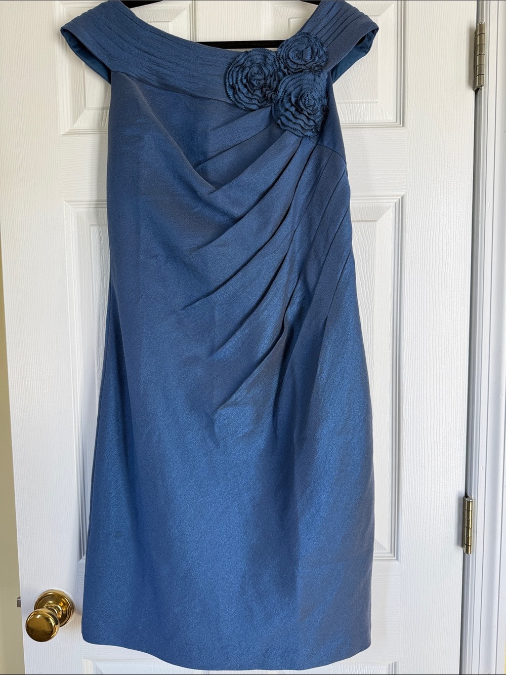 Adrianna Papell Slate Blue One-Shoulder Cocktail Dress with Rosette Detail
